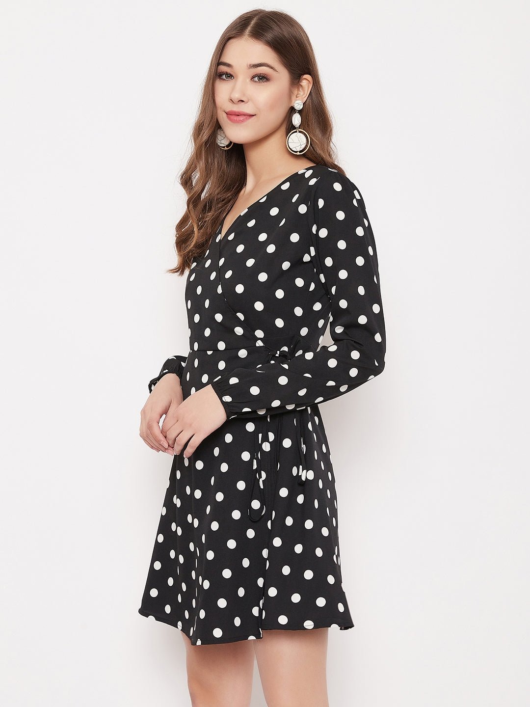 Folk Republic Women Black & White Polka Dot Printed Wrap Mini Dress - #folk republic#