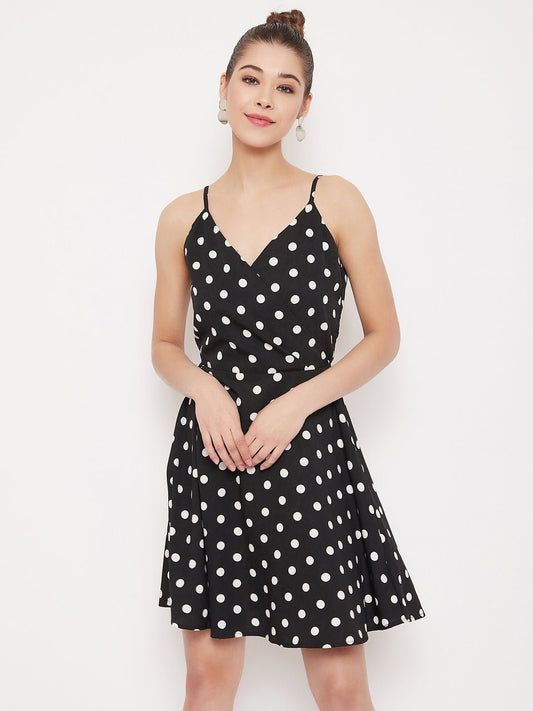 Folk Republic Women Black & White Polka Dot Sleeveless Wrap Mini Dress - #folk republic#