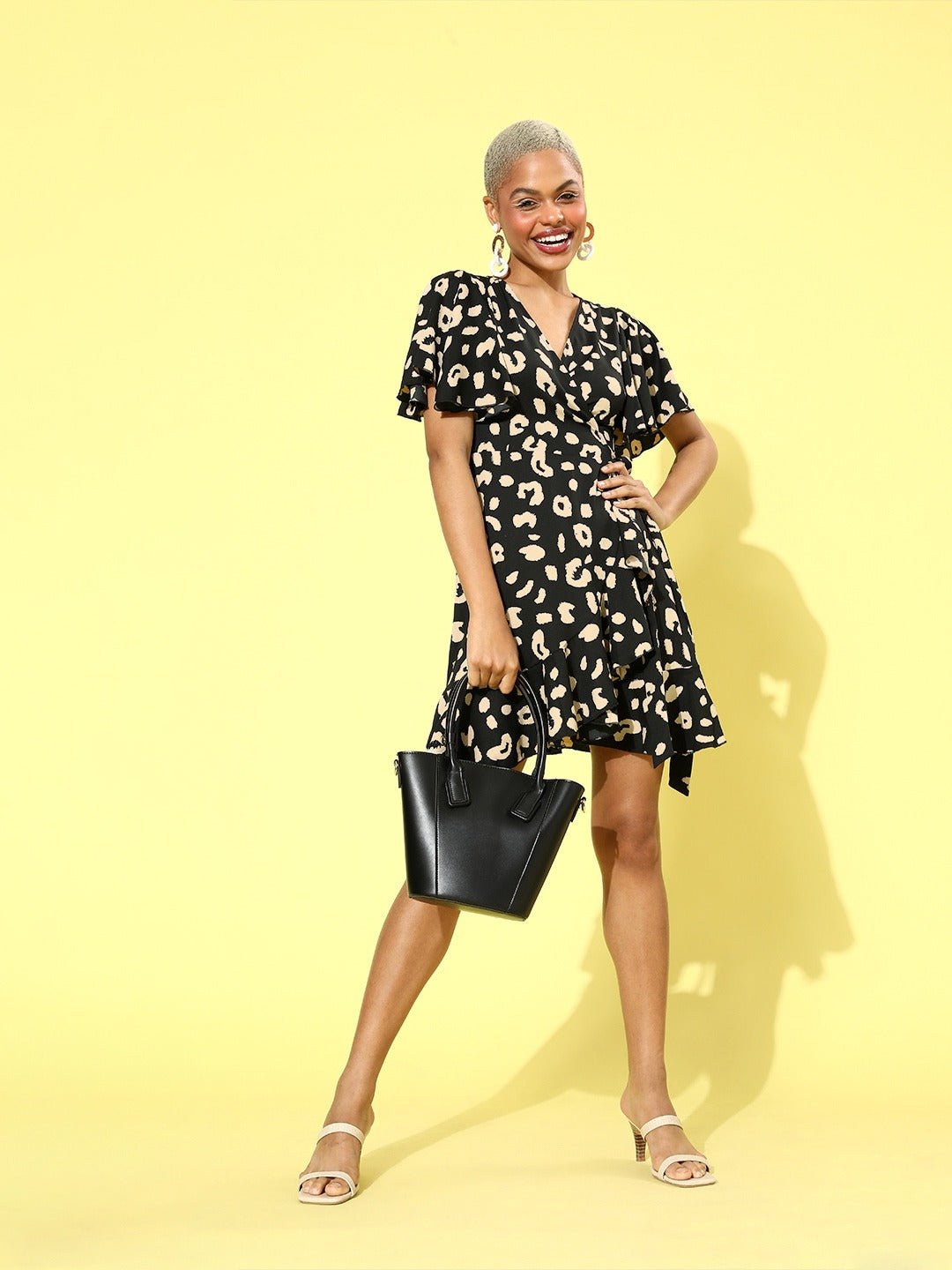 Folk Republic Women Black & Yellow Leopard Printed Self-Tie Mini Wrap Dress - #folk republic#