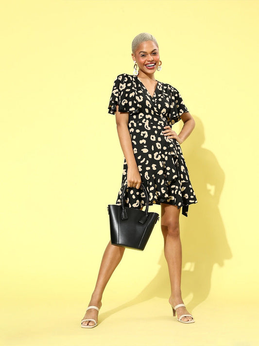 Folk Republic Women Black & Yellow Leopard Printed Self-Tie Mini Wrap Dress - #folk republic#