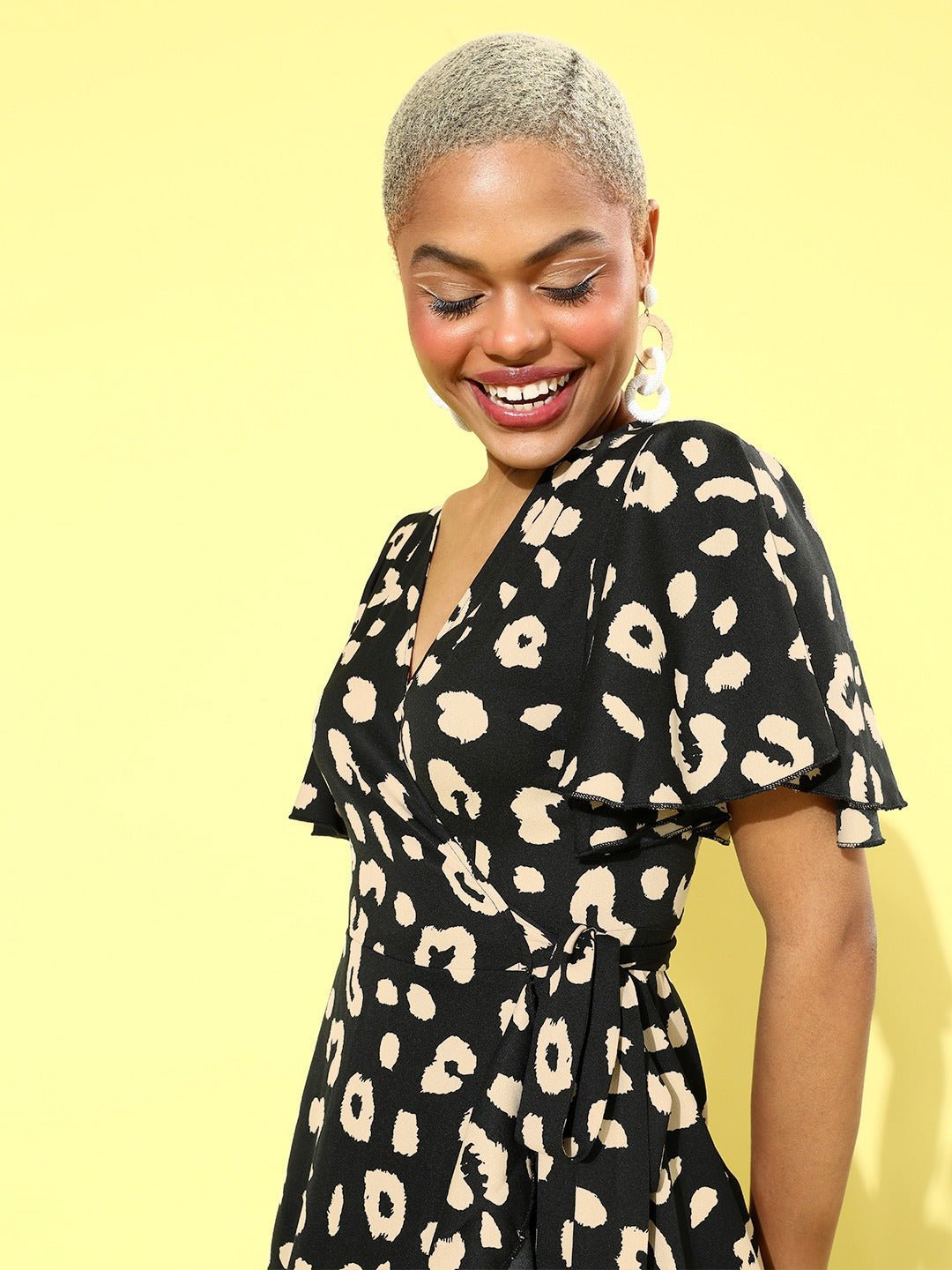 Folk Republic Women Black & Yellow Leopard Printed Self-Tie Mini Wrap Dress - #folk republic#