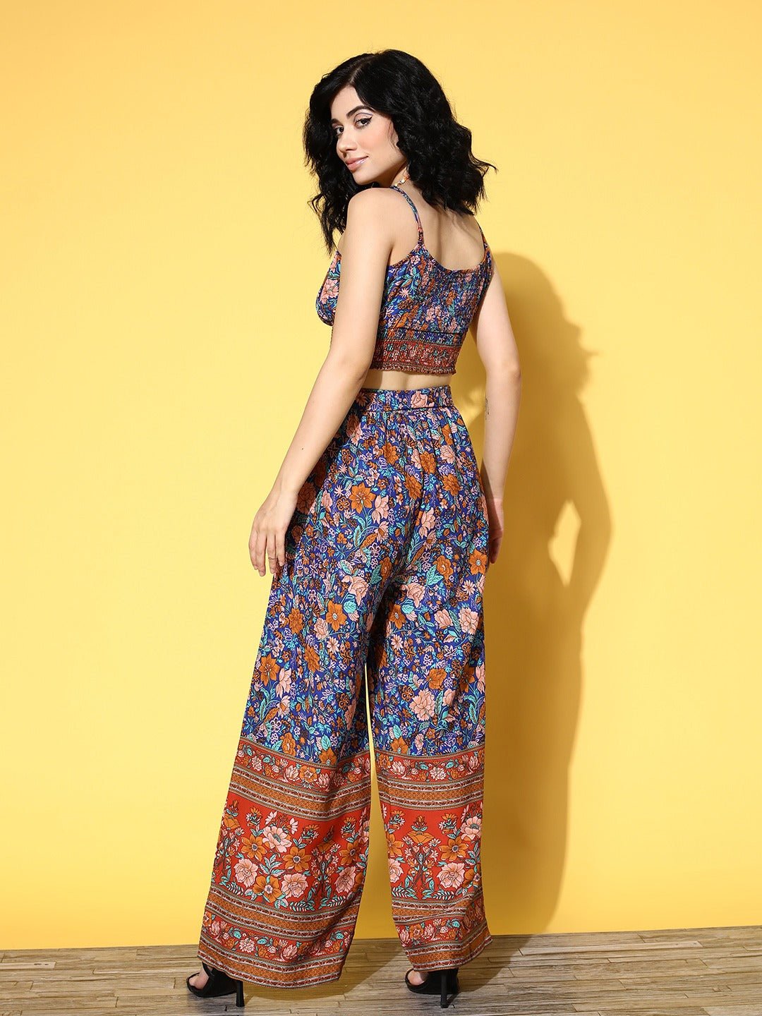 Folk Republic Women Blue & Brown Floral Printed Round Neck Waist Tie-Up Crop Top & Wide-Leg Trousers Set - #folk republic#
