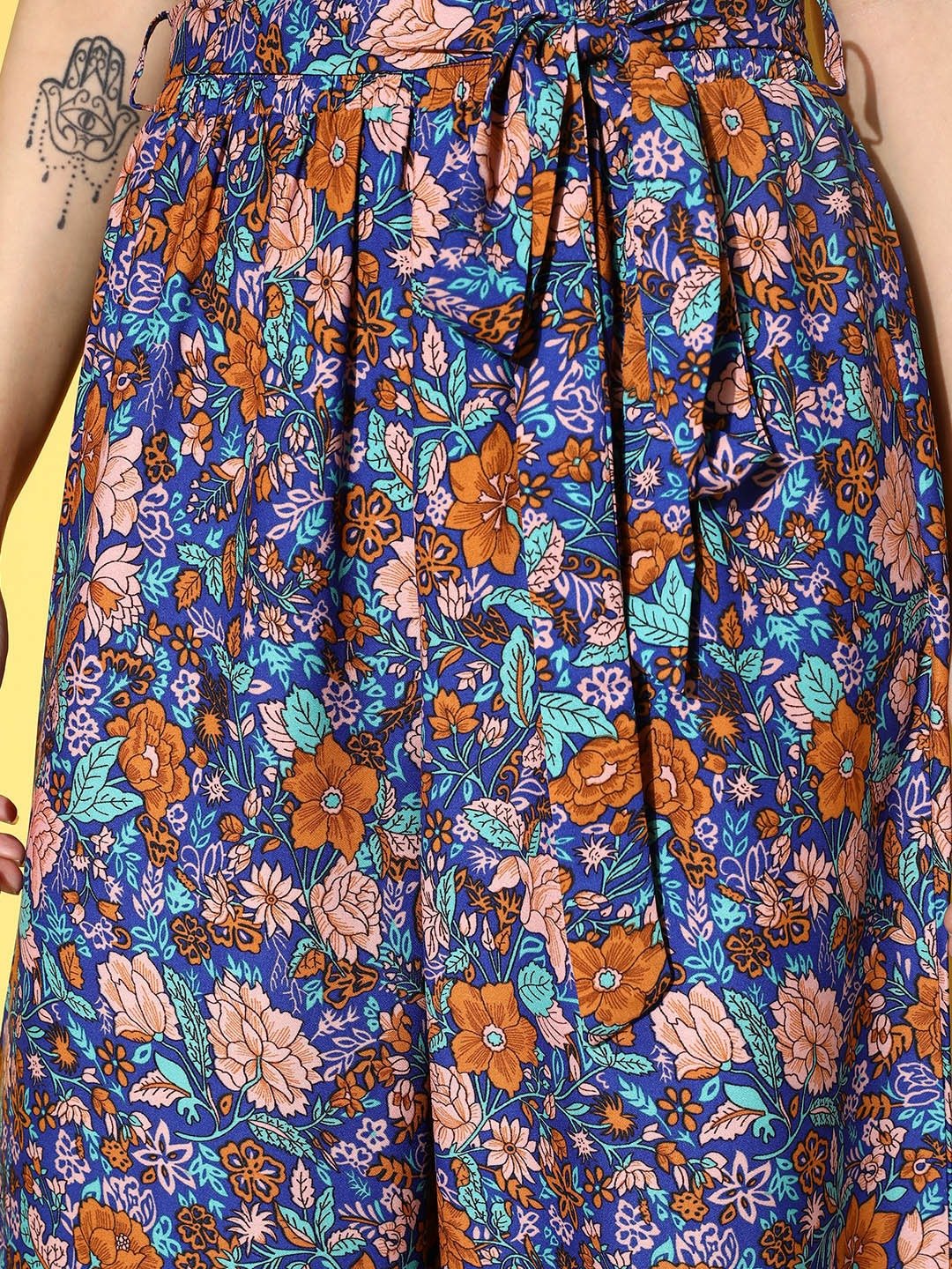 Folk Republic Women Blue & Brown Floral Printed Round Neck Waist Tie-Up Crop Top & Wide-Leg Trousers Set - #folk republic#