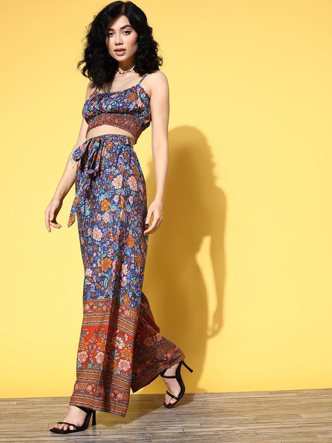 Folk Republic Women Blue & Brown Floral Printed Round Neck Waist Tie-Up Crop Top & Wide-Leg Trousers Set - #folk republic#