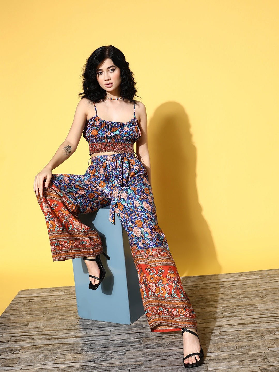 Folk Republic Women Blue & Brown Floral Printed Round Neck Waist Tie-Up Crop Top & Wide-Leg Trousers Set - #folk republic#