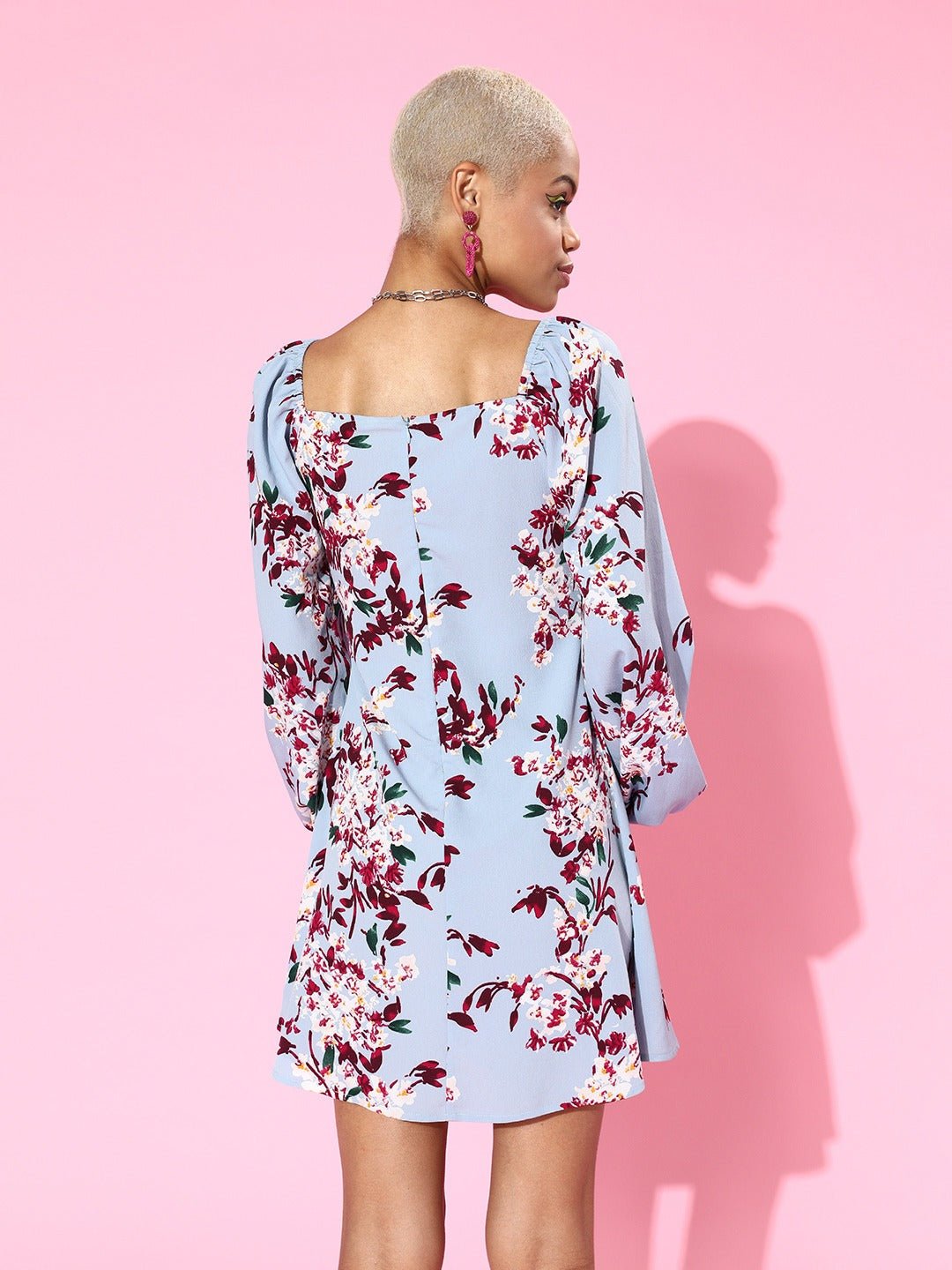 Folk Republic Women Blue Ditsy Floral Printed Tie-Up Sweetheart Neck Flared A-Line Mini Dress - #folk republic#