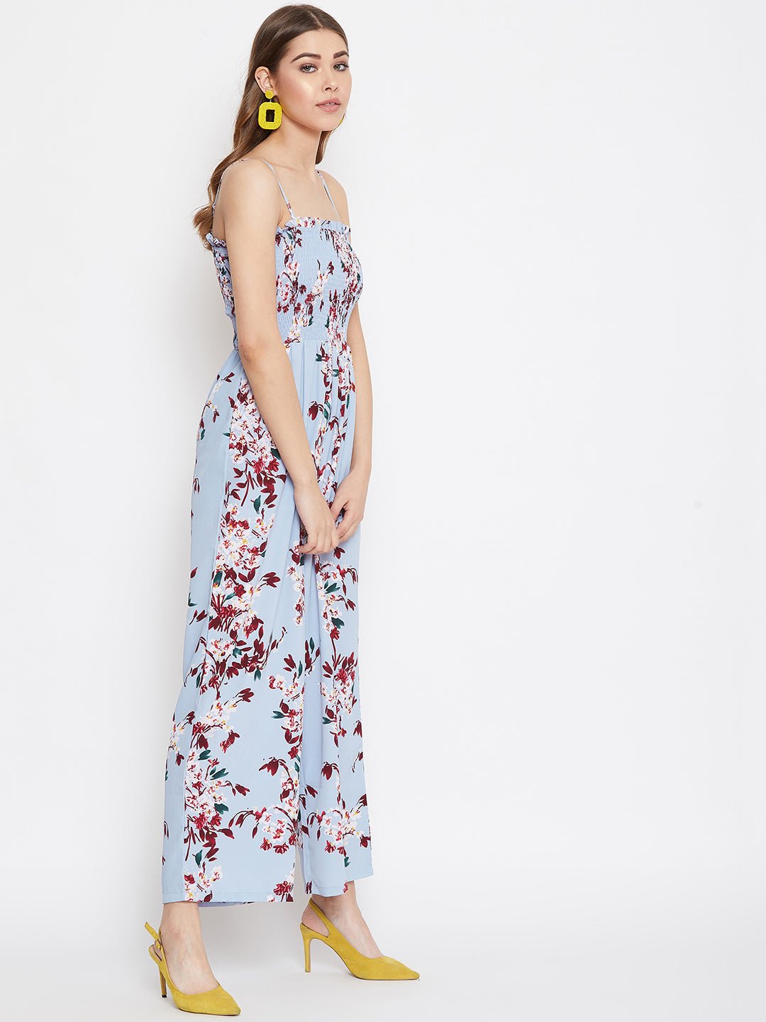 Folk Republic Women Blue Floral Print Shoulder Strap Smocked Jumpsuit - #folk republic#