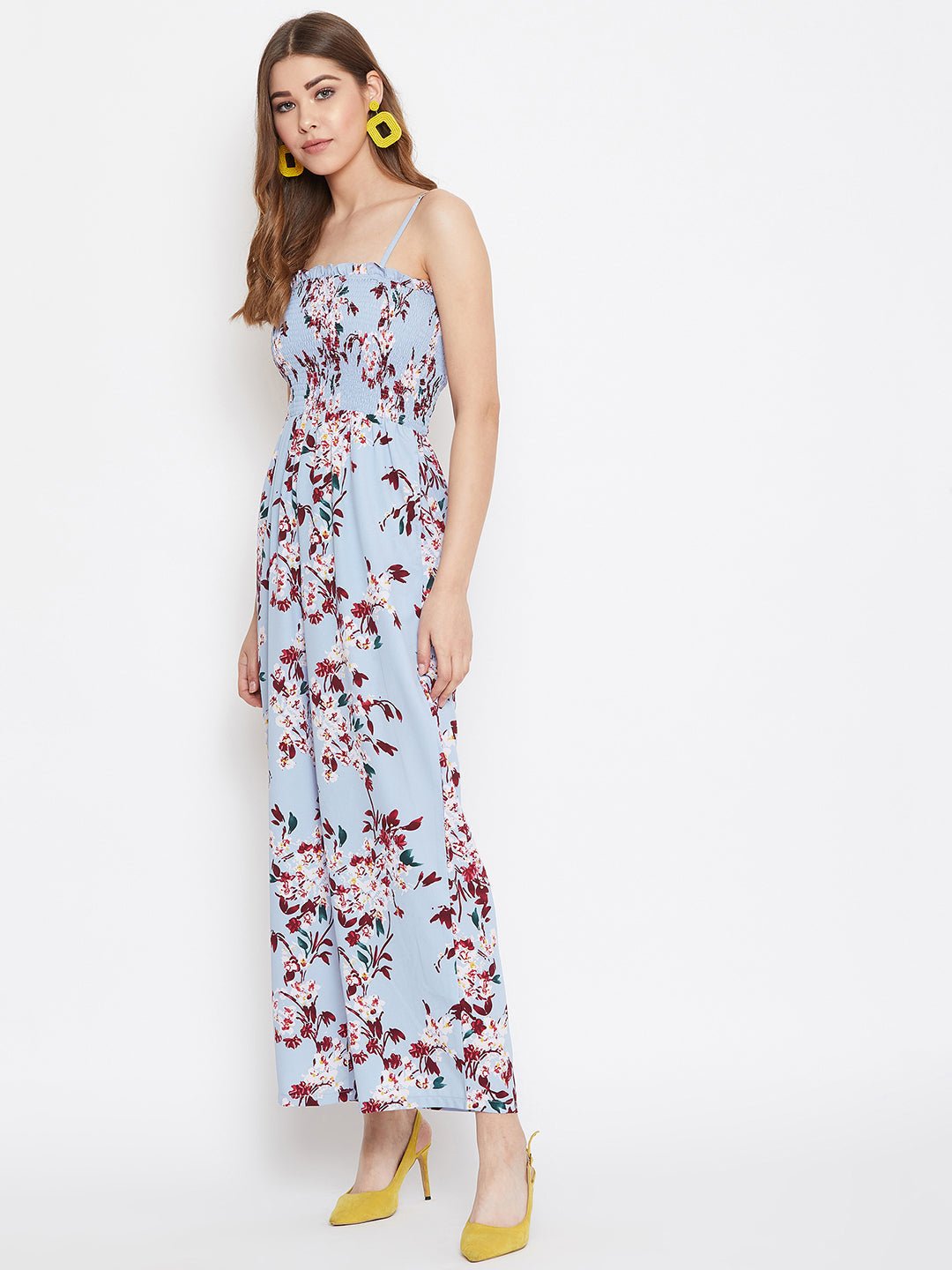 Folk Republic Women Blue Floral Print Shoulder Strap Smocked Jumpsuit - #folk republic#