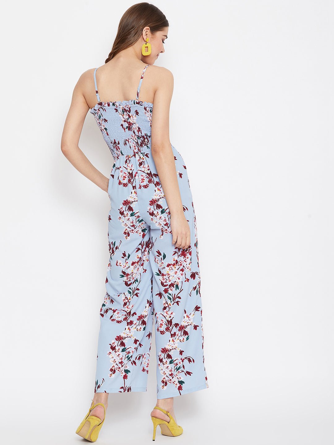 Folk Republic Women Blue Floral Print Shoulder Strap Smocked Jumpsuit - #folk republic#