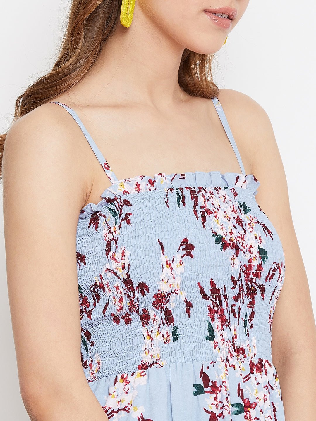 Folk Republic Women Blue Floral Print Shoulder Strap Smocked Jumpsuit - #folk republic#