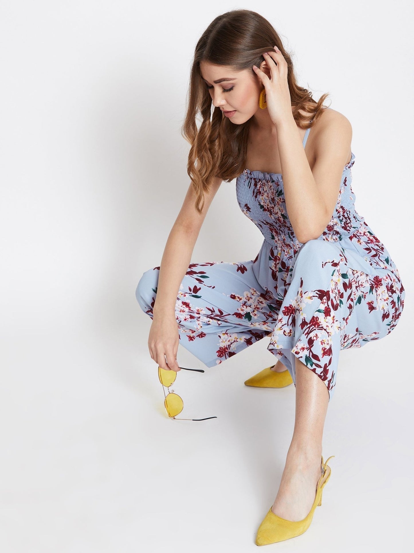 Folk Republic Women Blue Floral Print Shoulder Strap Smocked Jumpsuit - #folk republic#