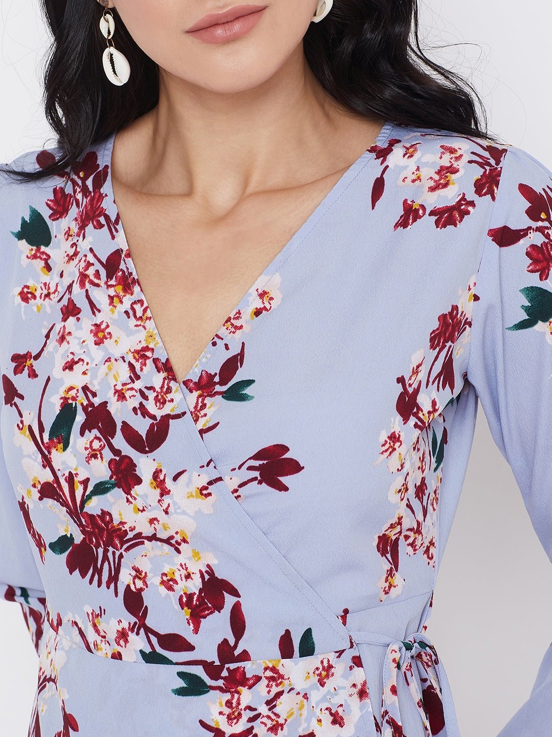Folk Republic Women Blue Floral Printed A-Line Wrap Mini Dress - #folk republic#