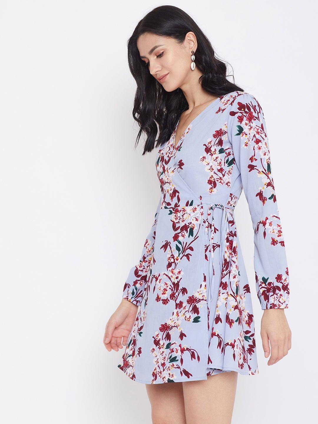 Folk Republic Women Blue Floral Printed A-Line Wrap Mini Dress - #folk republic#