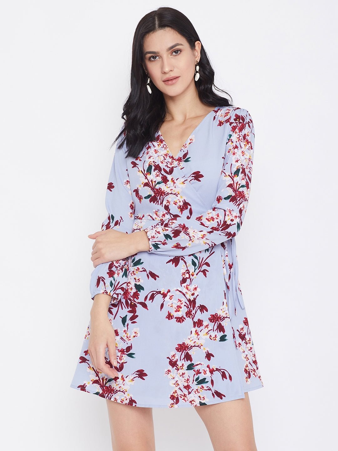 Folk Republic Women Blue Floral Printed A-Line Wrap Mini Dress - #folk republic#