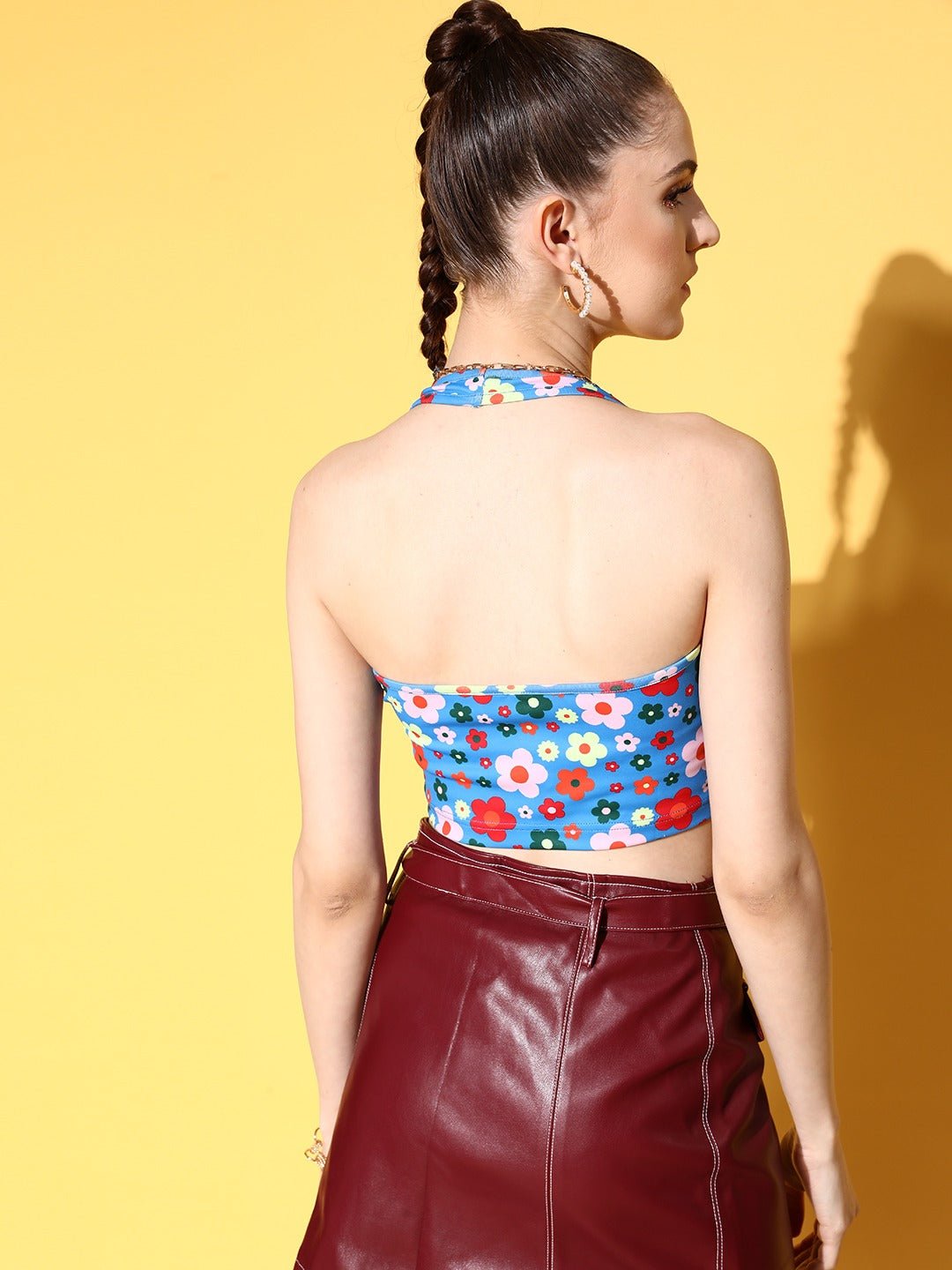 Folk Republic Women Blue Floral Printed Halter Neck Sleeveless Crepe Cropped Top - #folk republic#