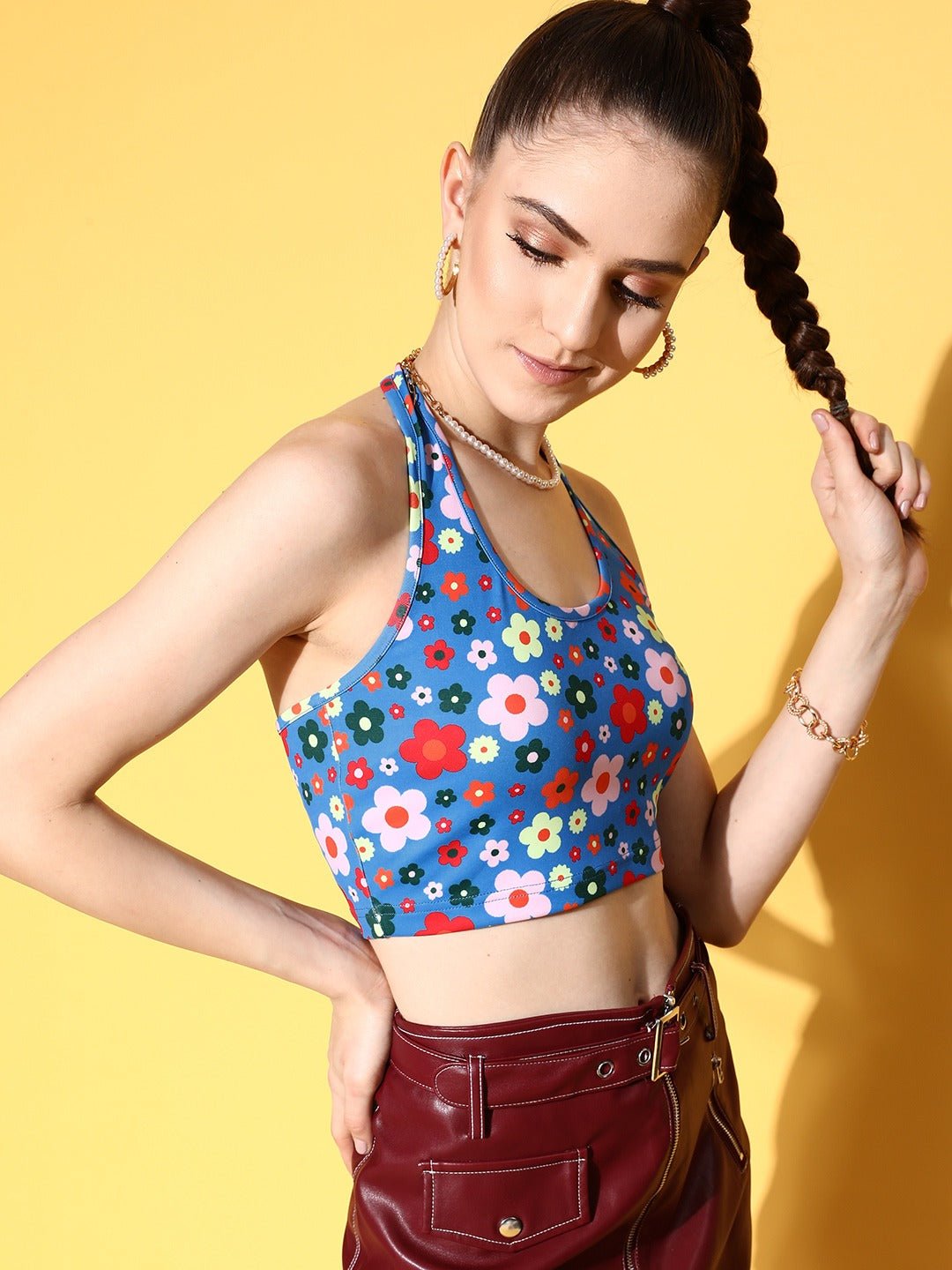 Folk Republic Women Blue Floral Printed Halter Neck Sleeveless Crepe Cropped Top - #folk republic#
