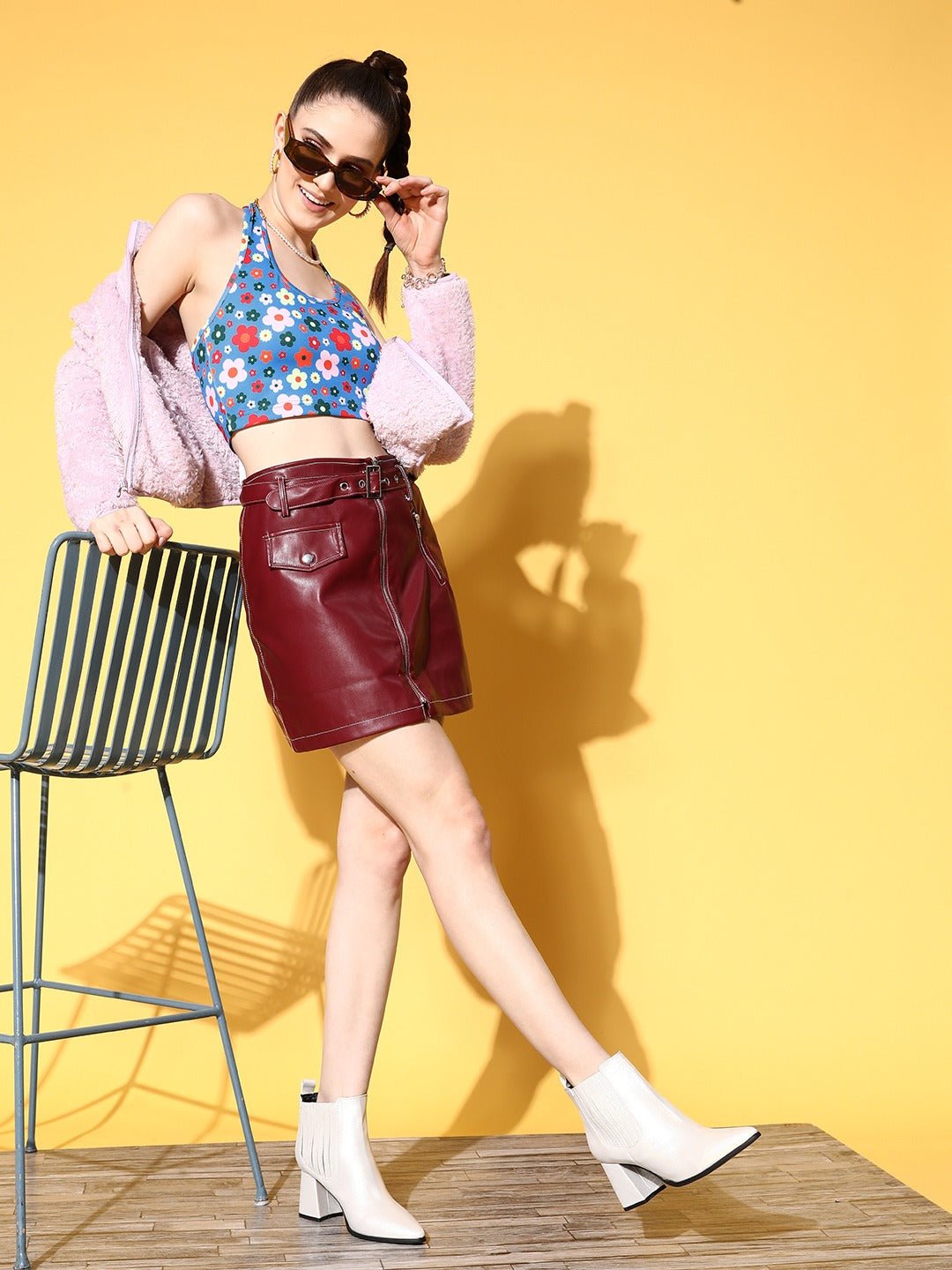 Folk Republic Women Blue Floral Printed Halter Neck Sleeveless Crepe Cropped Top - #folk republic#