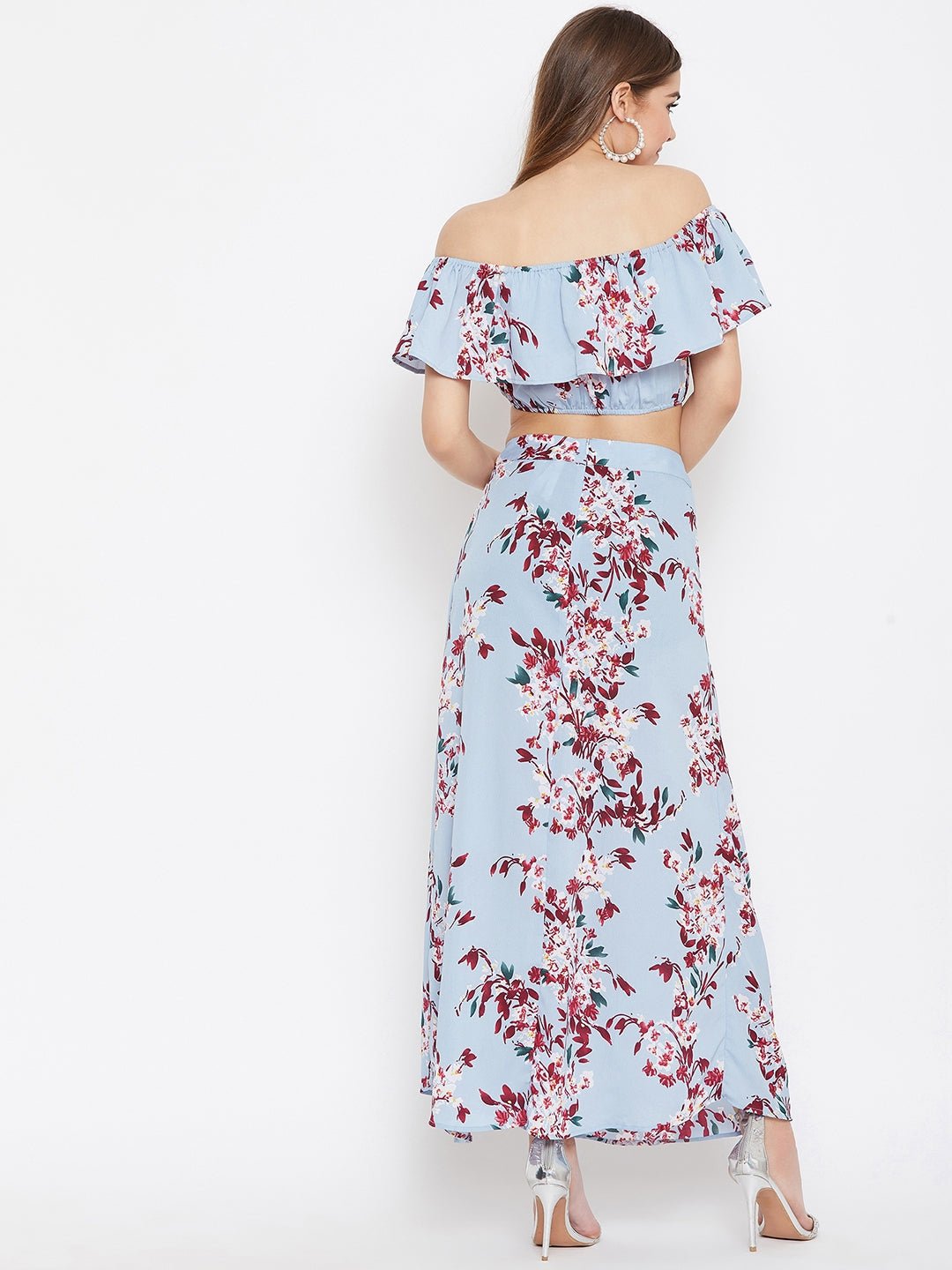 Folk Republic Women Blue Floral Printed Off-Shoulder Thigh-High Slit Co-Ordinate Maxi Dress - #folk republic#