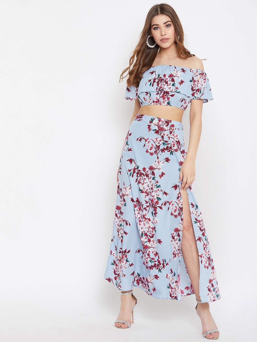 Folk Republic Women Blue Floral Printed Off-Shoulder Thigh-High Slit Co-Ordinate Maxi Dress - #folk republic#