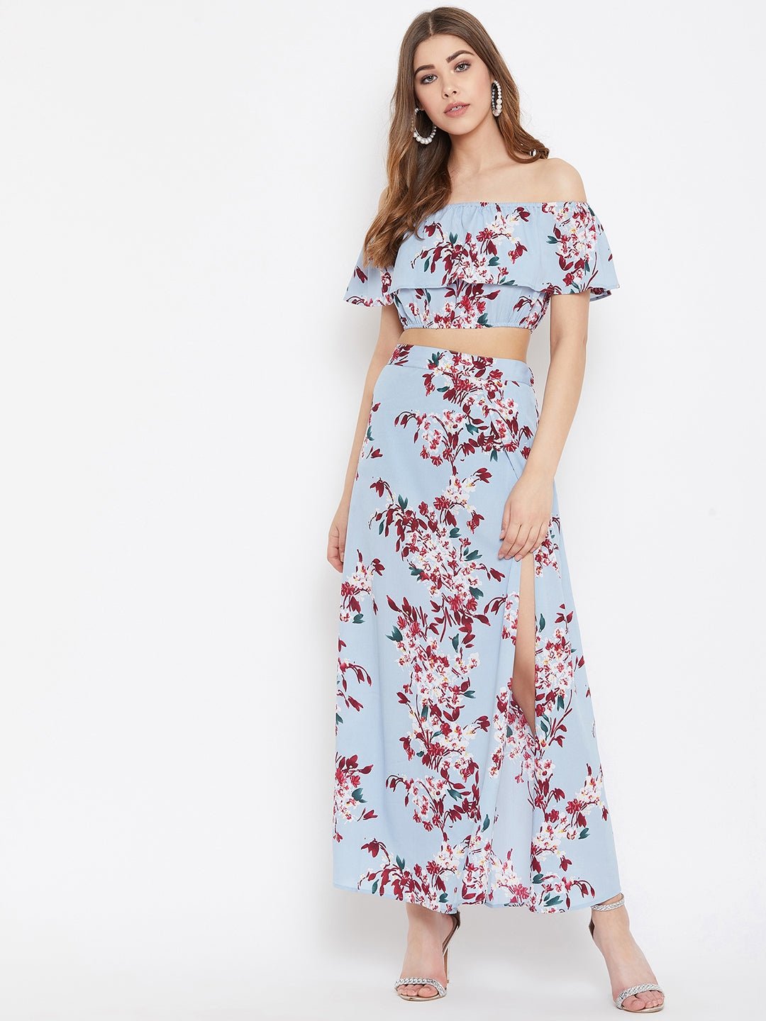 Folk Republic Women Blue Floral Printed Off-Shoulder Thigh-High Slit Co-Ordinate Maxi Dress - #folk republic#