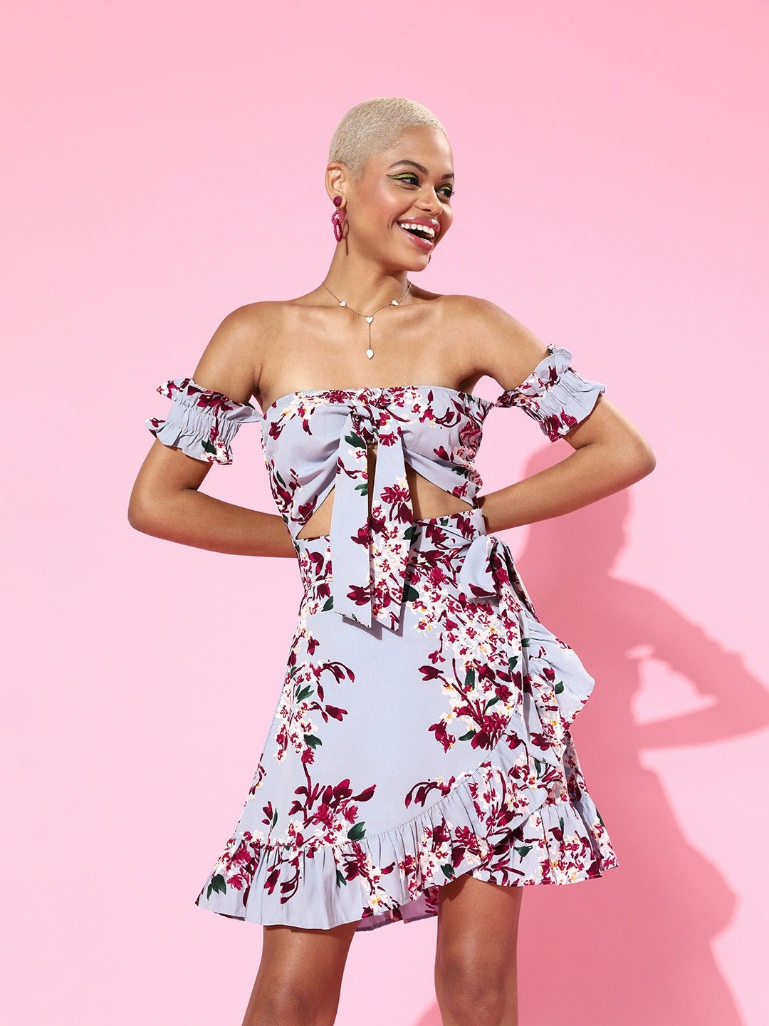 Folk Republic Women Blue Floral Printed Off-Shoulder Tie-Up Front Fit & Flare Bardot Mini Dress - #folk republic#