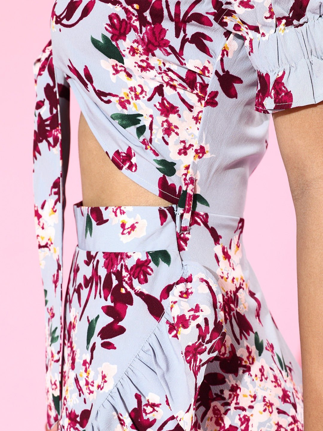 Folk Republic Women Blue Floral Printed Off-Shoulder Tie-Up Front Fit & Flare Bardot Mini Dress - #folk republic#