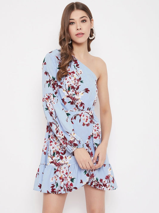 Folk Republic Women Blue Floral Printed One Shoulder Mini Dress - #folk republic#