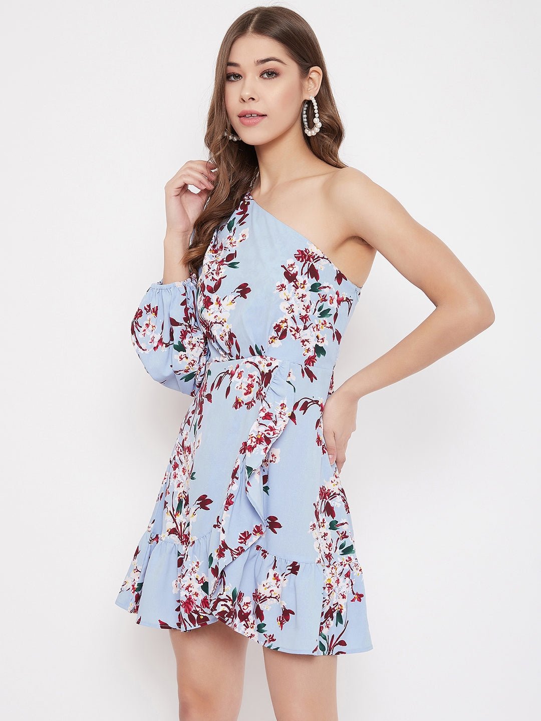 Folk Republic Women Blue Floral Printed One Shoulder Mini Dress - #folk republic#