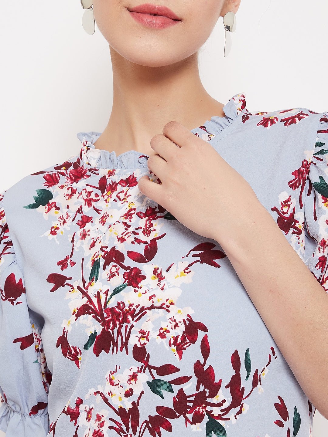 Folk Republic Women Blue Floral Printed Round High Neck Top - #folk republic#
