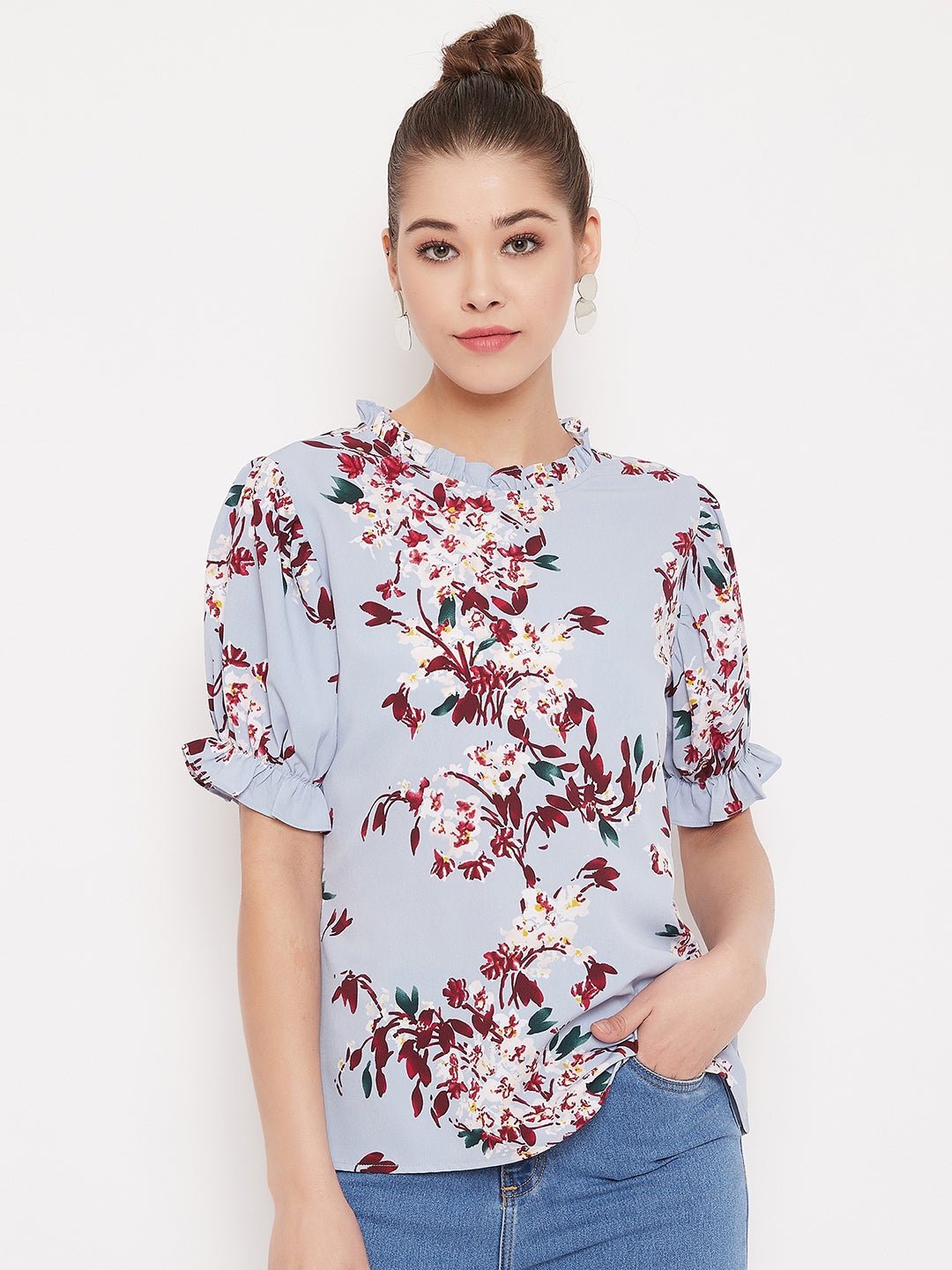 Folk Republic Women Blue Floral Printed Round High Neck Top - #folk republic#