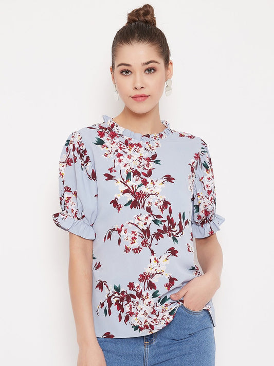 Folk Republic Women Blue Floral Printed Round High Neck Top - #folk republic#