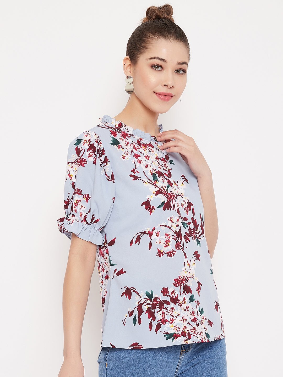 Folk Republic Women Blue Floral Printed Round High Neck Top - #folk republic#