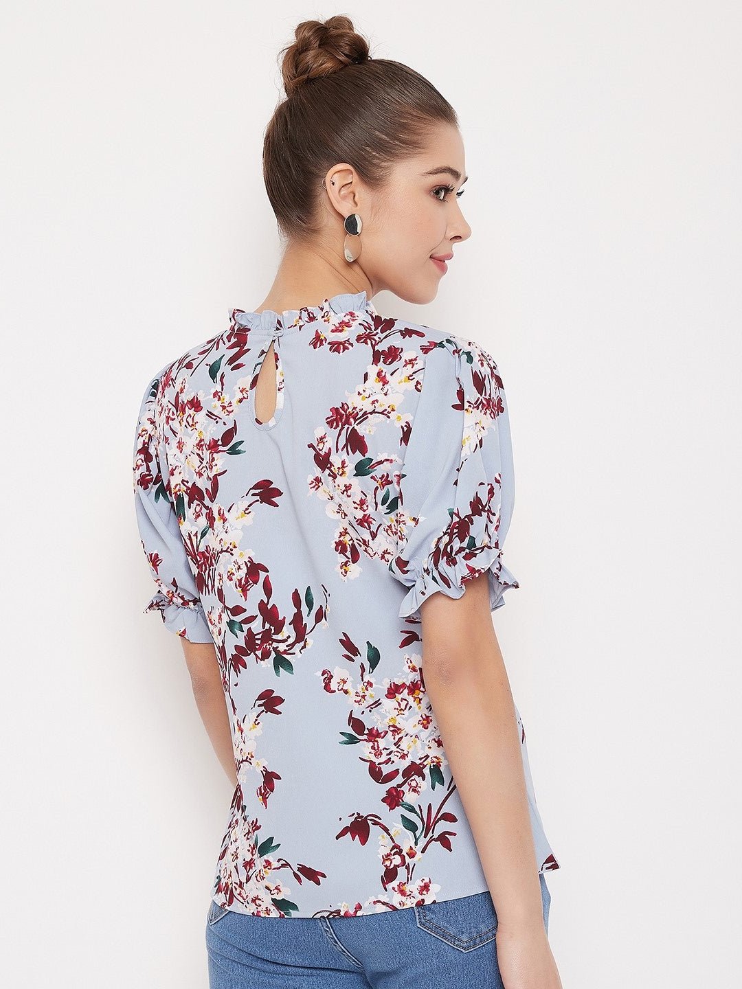 Folk Republic Women Blue Floral Printed Round High Neck Top - #folk republic#