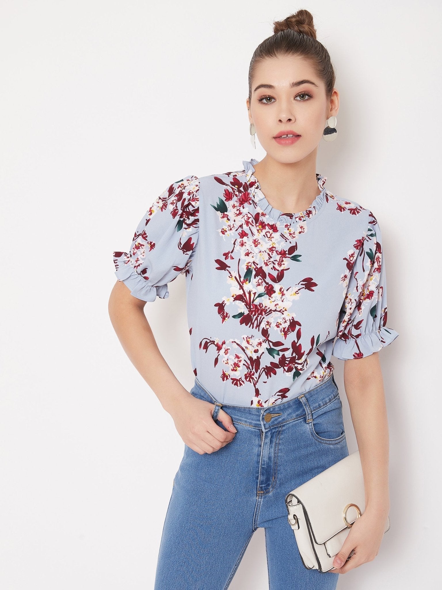 Folk Republic Women Blue Floral Printed Round High Neck Top - #folk republic#