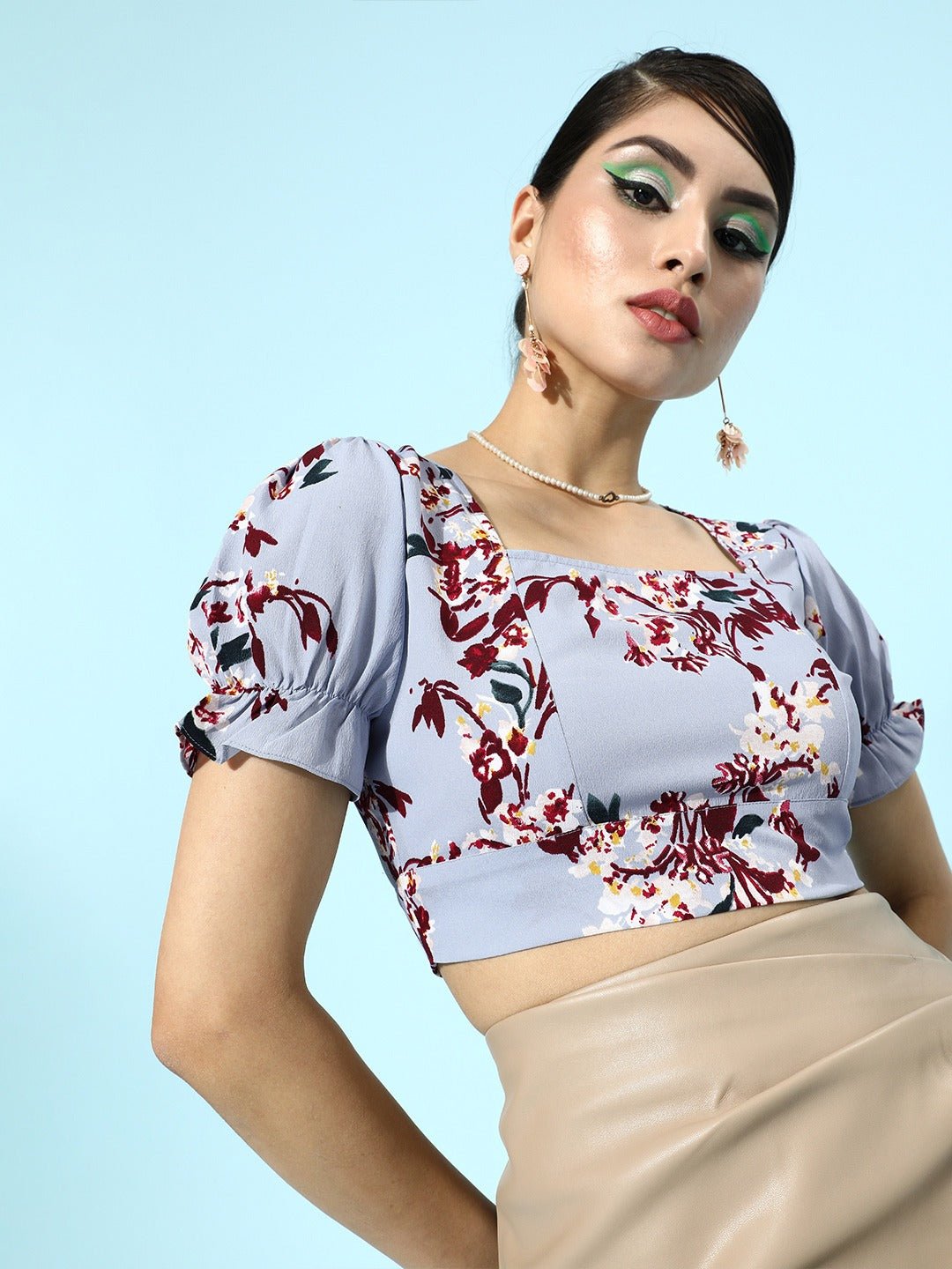 Folk Republic Women Blue Floral Printed Square-Neck Ruffled Crepe Crop Top - #folk republic#