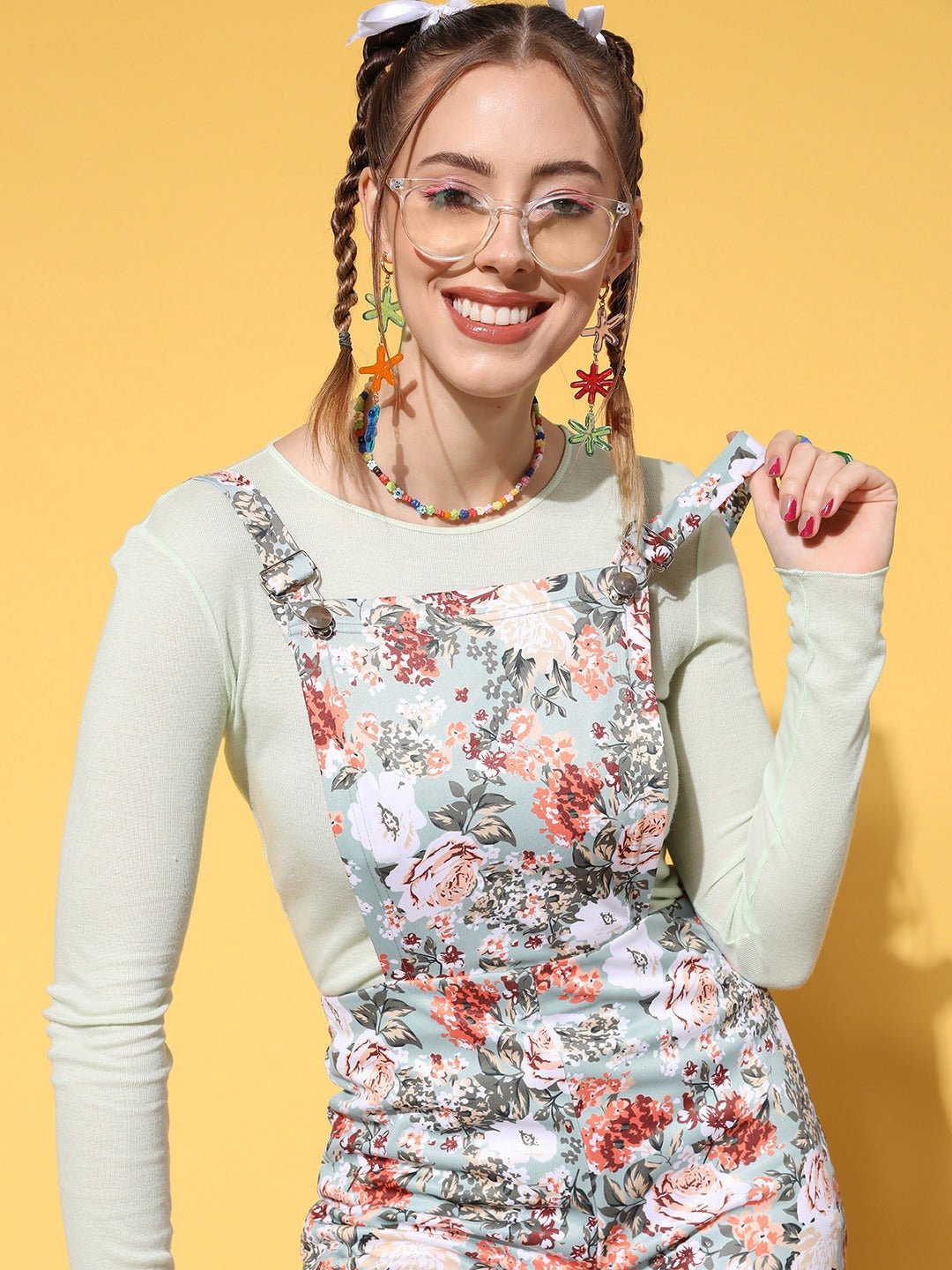 Folk Republic Women Blue Floral Printed Square Neck Sleeveless Button-Up Mini Jumpsuit - #folk republic#