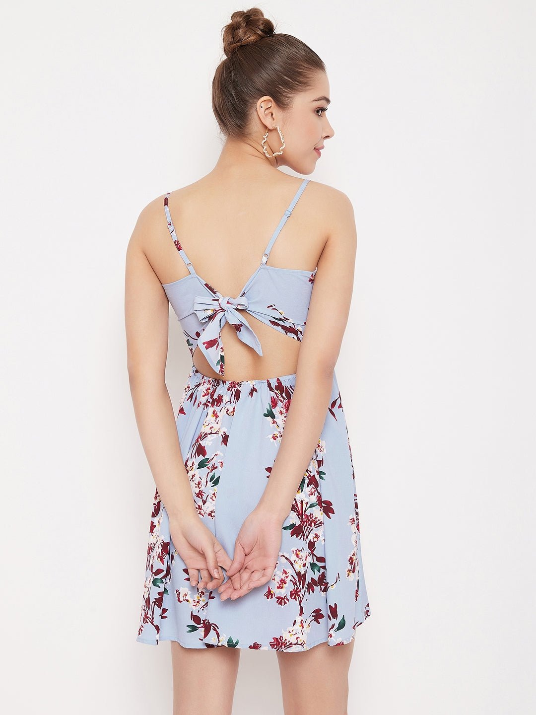 Folk Republic Women Blue Floral Printed Twist Knot Fit & Flare Mini Dress - #folk republic#