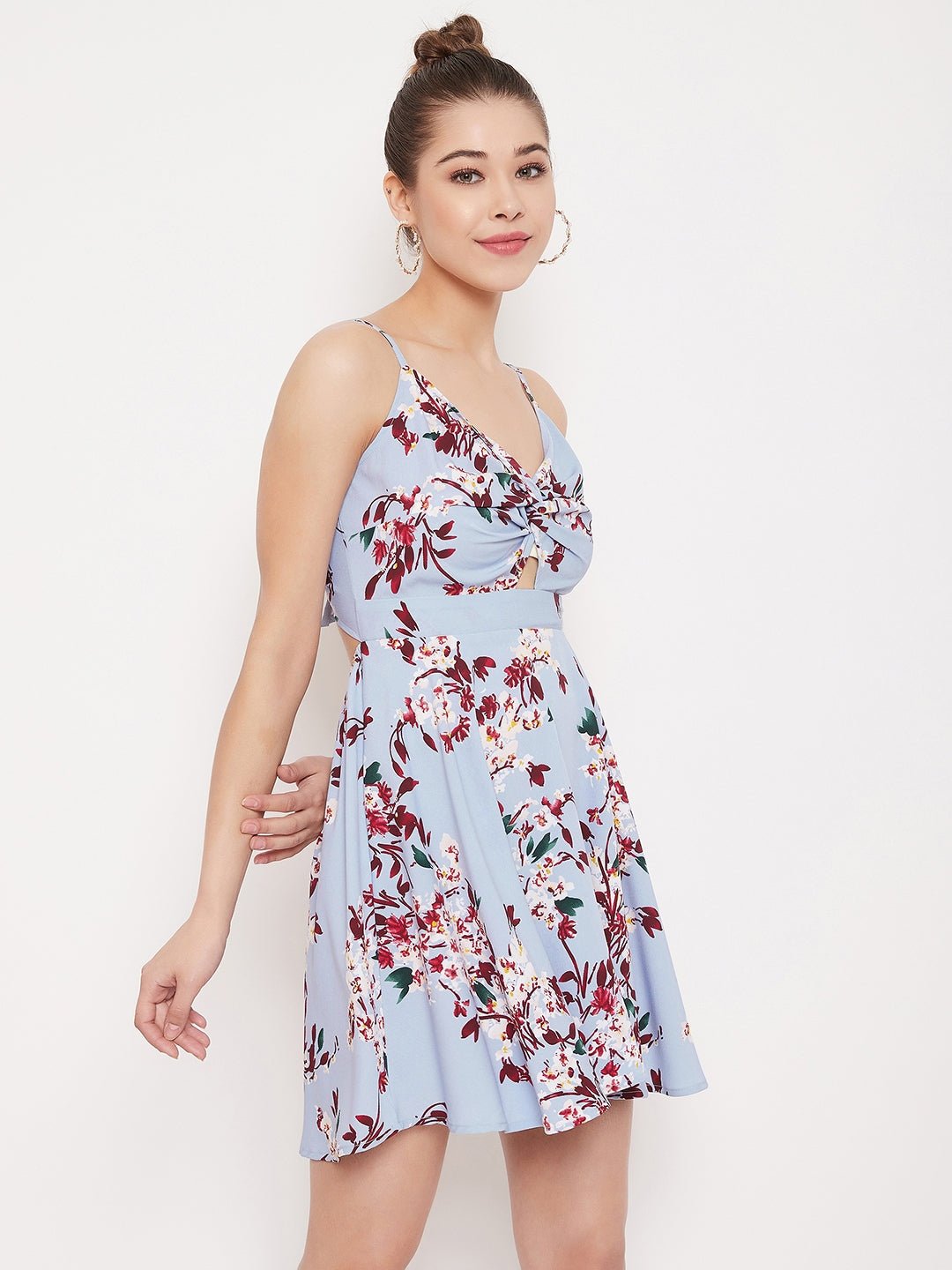 Folk Republic Women Blue Floral Printed Twist Knot Fit & Flare Mini Dress - #folk republic#