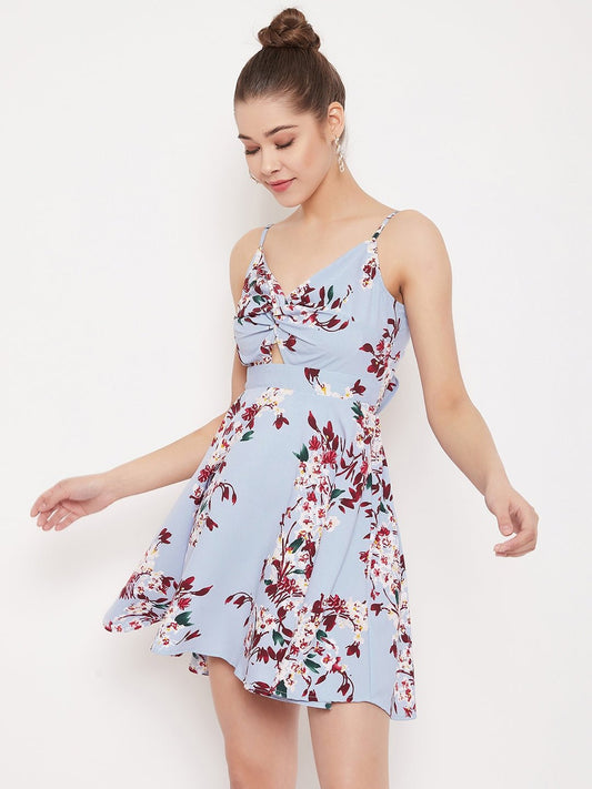 Folk Republic Women Blue Floral Printed Twist Knot Fit & Flare Mini Dress - #folk republic#