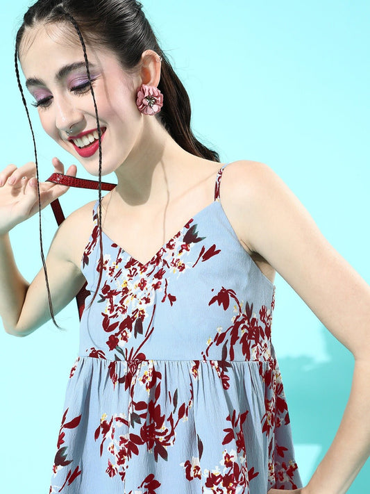 Folk Republic Women Blue Floral Printed V-Neck A-Line Pleated Top - #folk republic#