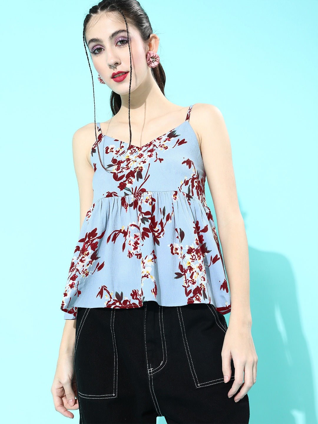 Folk Republic Women Blue Floral Printed V-Neck A-Line Pleated Top - #folk republic#