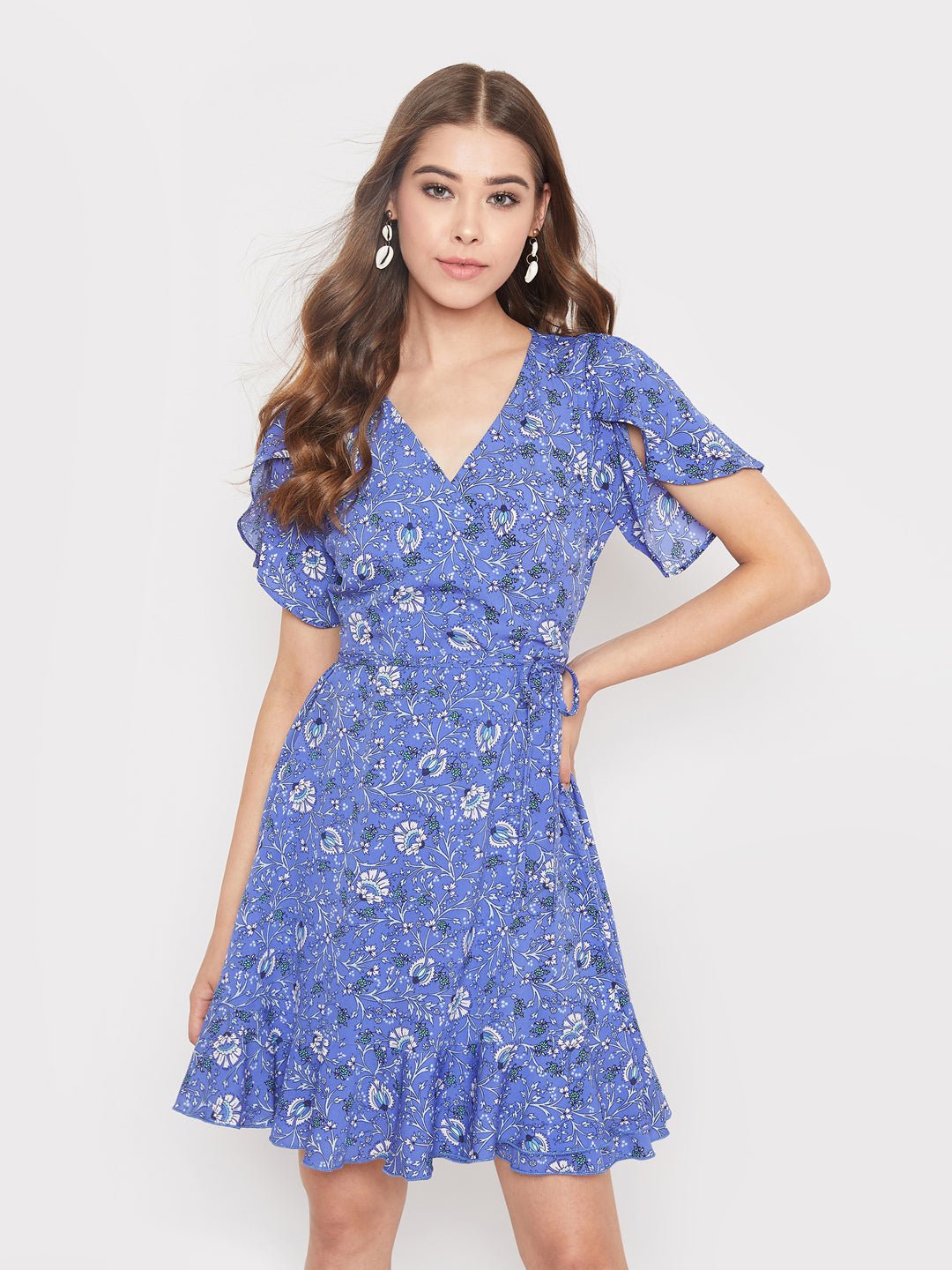 Folk Republic Women Blue Floral Printed V-Neck Waist Tie-Up Mini Dress - #folk republic#