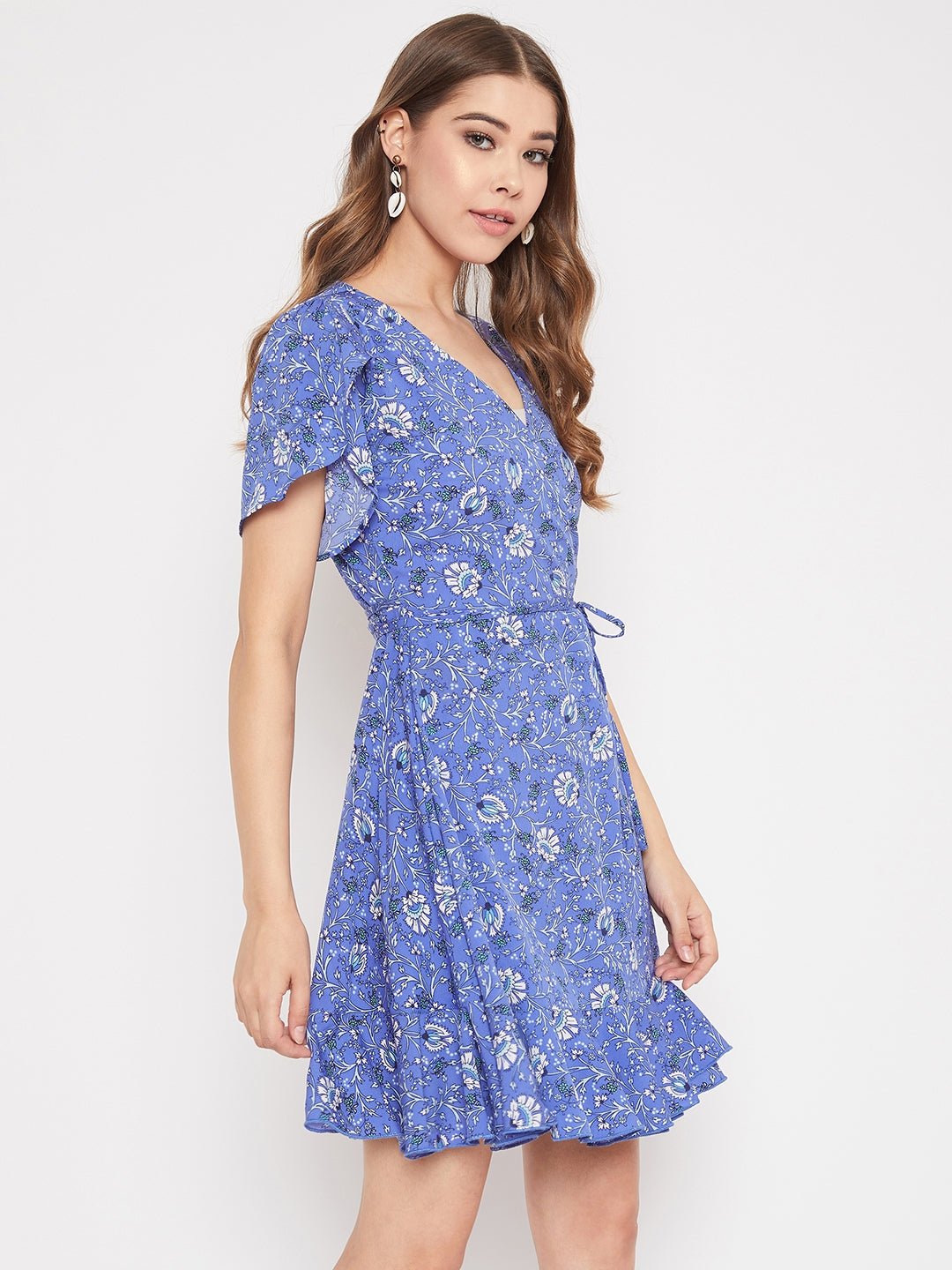 Folk Republic Women Blue Floral Printed V-Neck Waist Tie-Up Mini Dress - #folk republic#