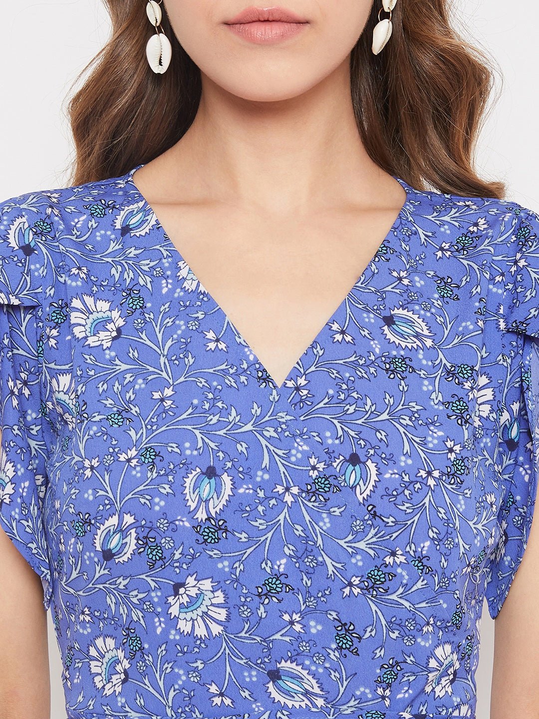 Folk Republic Women Blue Floral Printed V-Neck Waist Tie-Up Mini Dress - #folk republic#