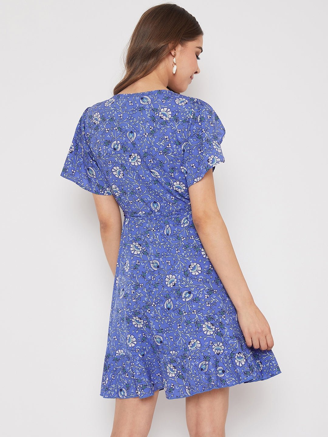 Folk Republic Women Blue Floral Printed V-Neck Waist Tie-Up Mini Dress - #folk republic#