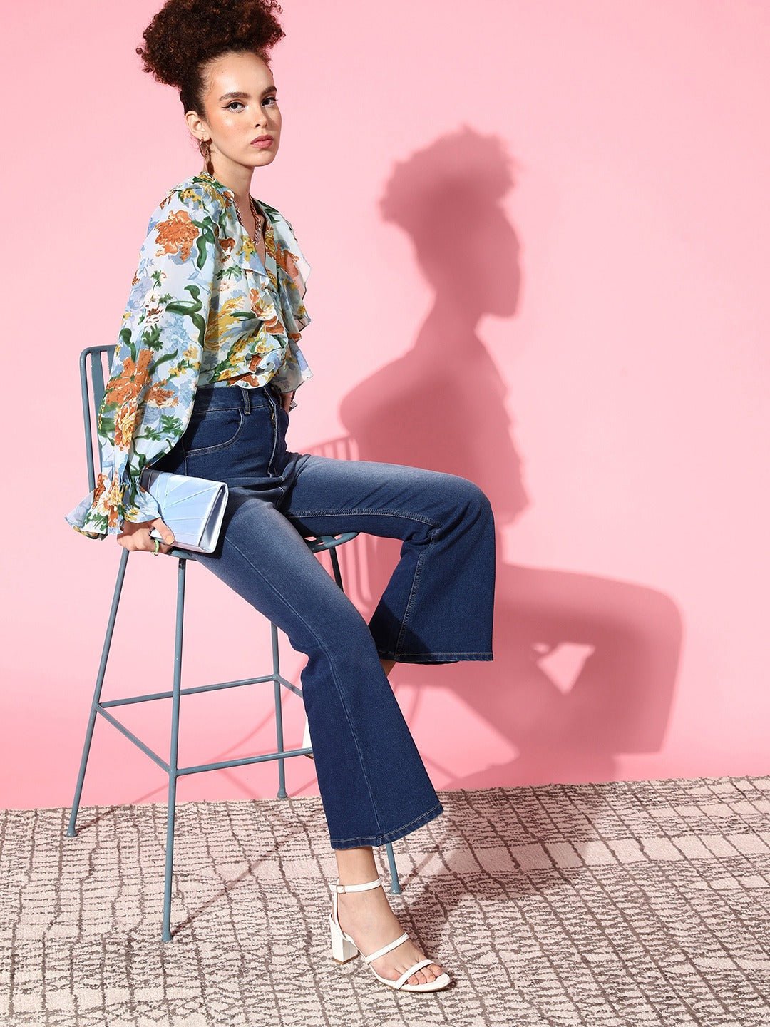 Folk Republic Women Blue & Green Floral Printed V-Neck Bishop Sleeves Front Button Ruffled Regular Top - #folk republic#