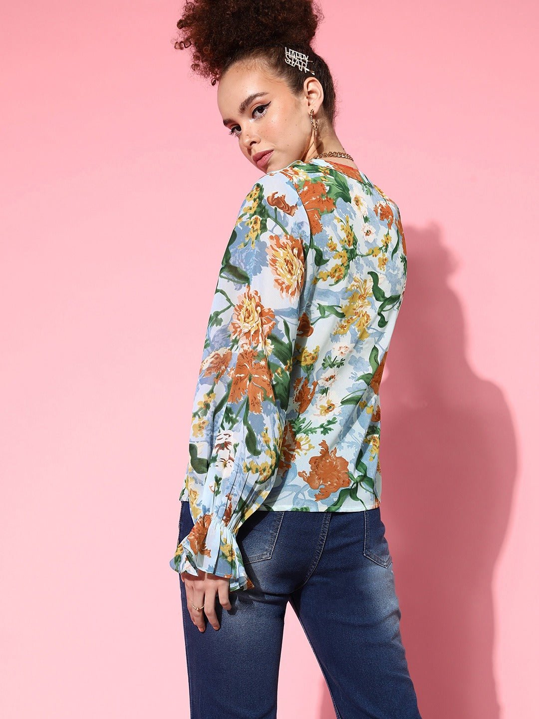 Folk Republic Women Blue & Green Floral Printed V-Neck Bishop Sleeves Front Button Ruffled Regular Top - #folk republic#