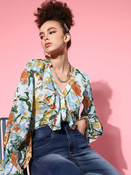 Folk Republic Women Blue & Green Floral Printed V-Neck Bishop Sleeves Front Button Ruffled Regular Top - #folk republic#