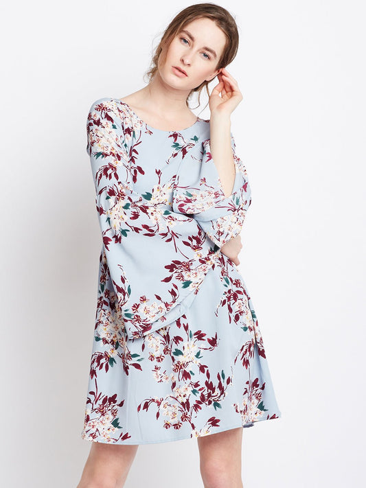 Folk Republic Women Blue & Maroon Floral Printed Round Neck Flared A-Line Mini Dress - #folk republic#
