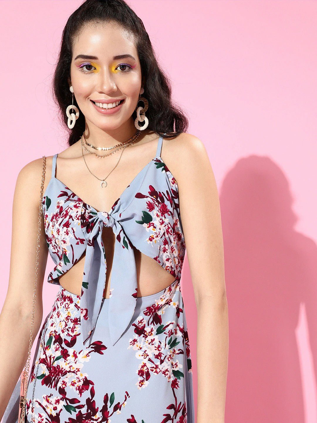 Folk Republic Women Blue & Maroon Floral Printed V-Neck Tie-Up Front Flared Maxi Dress - #folk republic#